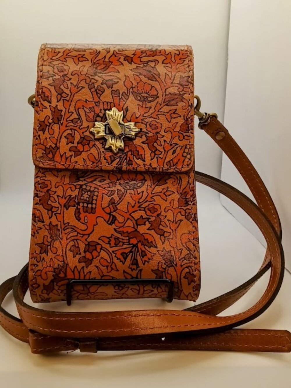 Genuine Leather Boho Elephant Floral Crossbody Bag